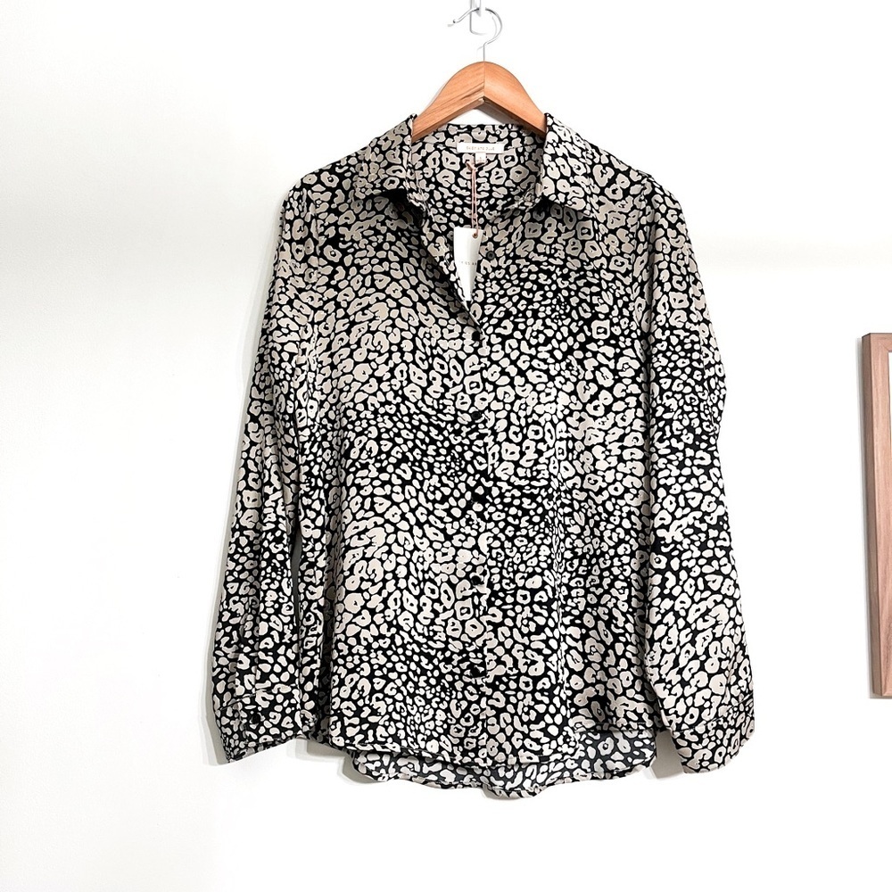 Skies Are Blue Women’s Printed Satin Button Down Shirt S‎ Oversized Long Sleeves